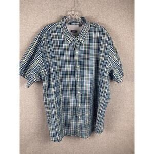 IZOD Button‎ Down Shirt Mens 2XL Green Blue Plaid Short Sleeve Casual